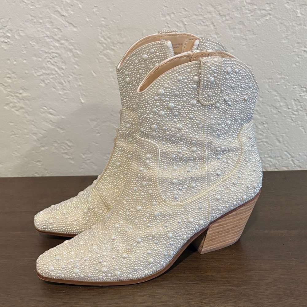 Betsey Johnson White Pearl Cowboy Booties
